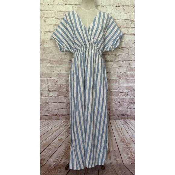 Boden Womens Dress Linen Kaftan Maxi Porcelain Blue Lurex Stripe Size 12P Petite - Picture 1 of 7